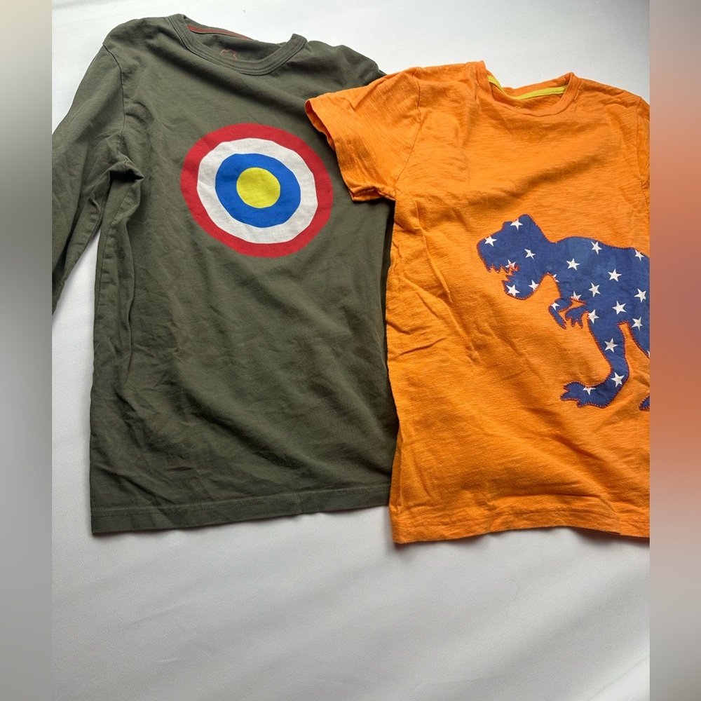 2 Mini Boden Kids Graphic T-Shirts - Green Target & Orange Dinosaur. Size 9-10yr